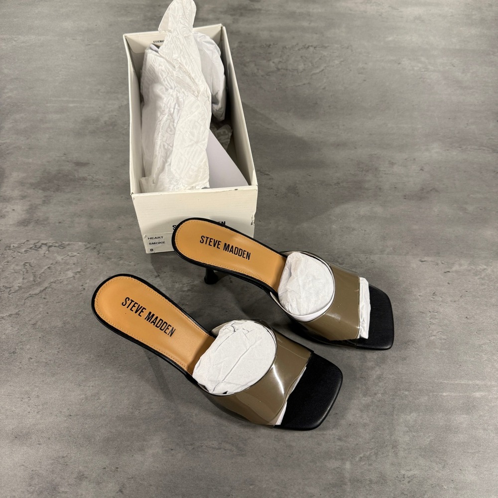 Steve Madden Sandals Womens 8 Heart Smoke Black Square Toe Kitten Kendrix Heel